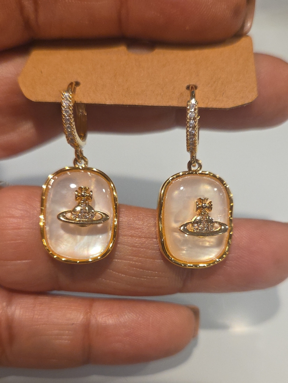 Gold-Tone Mother-of-Pearl Drop Earrings with Orb Motif